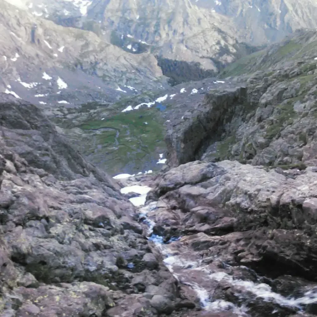 Red Gully Crestone Peak July 11, 2015, looking down from rescue scene at water and snow.