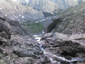 Red Gully Crestone Peak July 11, 2015, looking down from rescue scene at water and snow.